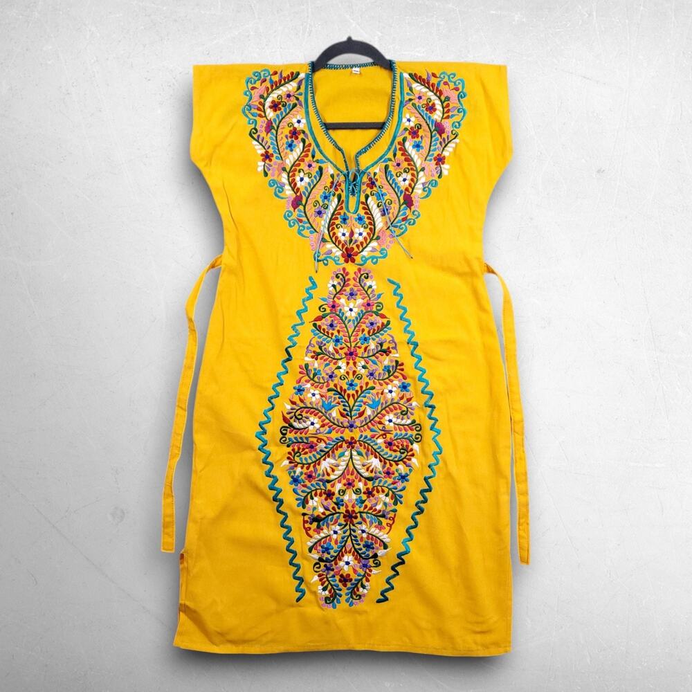 Embroidered Mexican Huipil Dress Women S Yellow Floral Boho Cotton Knee Length